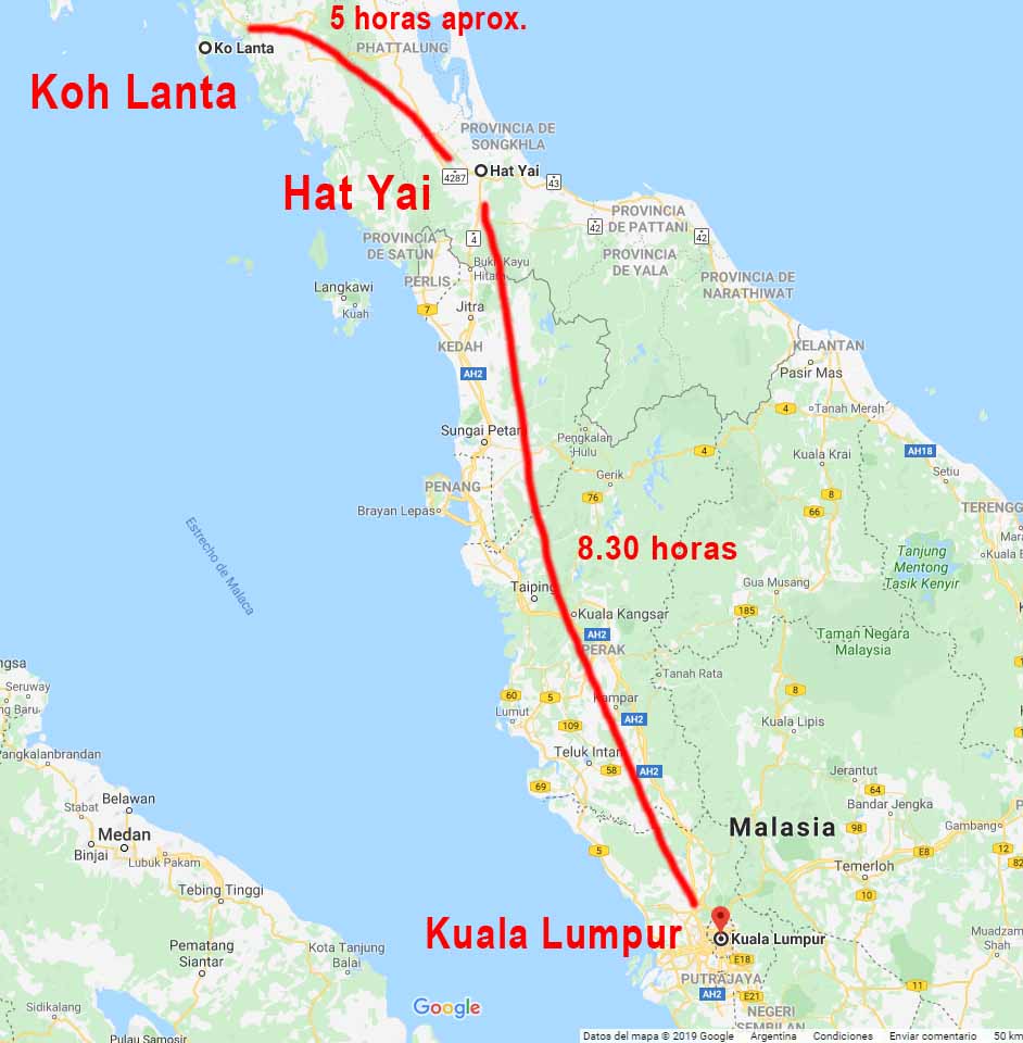 Mapa de como llegar desde Koh Lanta a Kuala Lumpur
