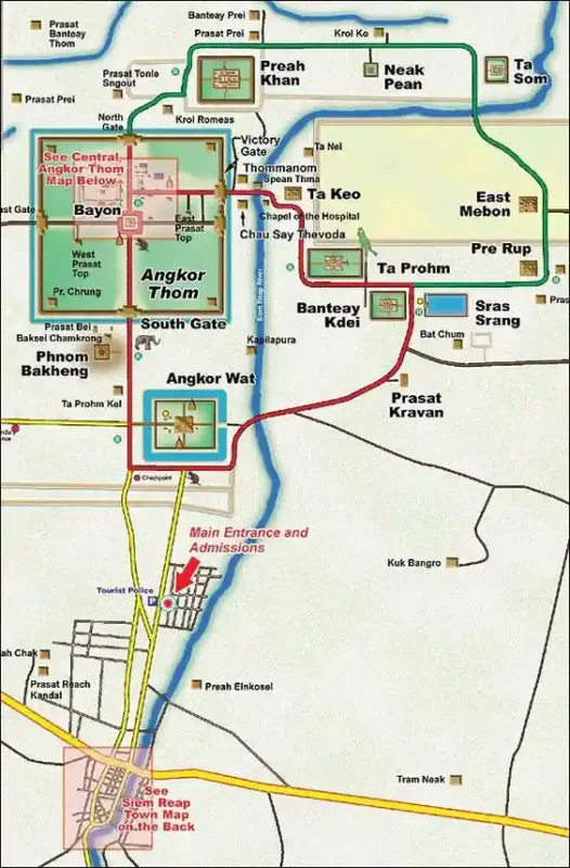 Plano del Complejo Angkor. La ruta roja es el circuito chico, mientras que la verde es el largo