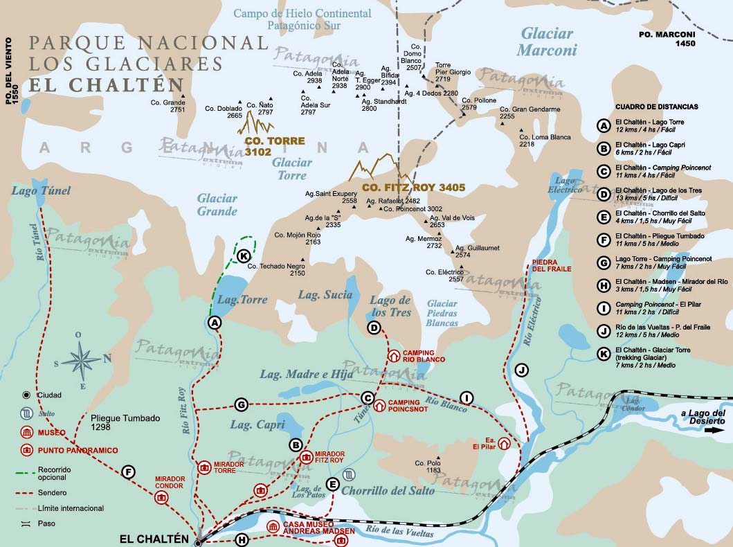Mapa de senderos alrededor del Chaltén