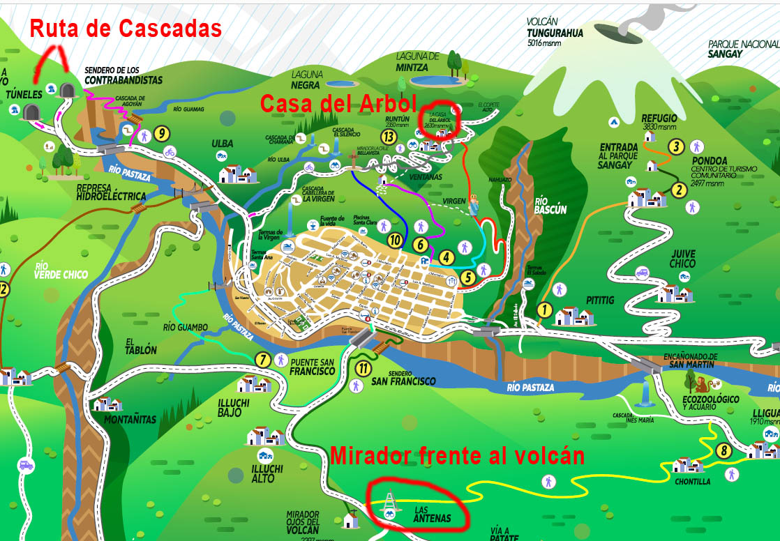 Mapa de atracciones turísticas de Baños