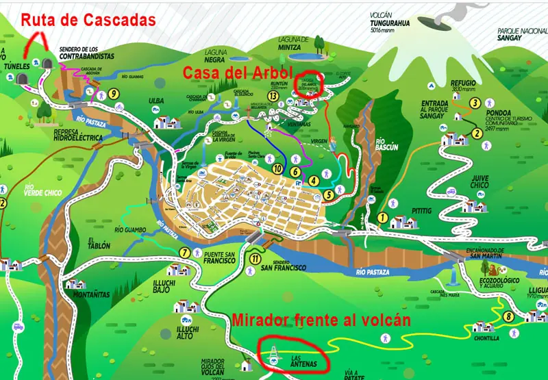 Mapa de atracciones turísticas de Baños