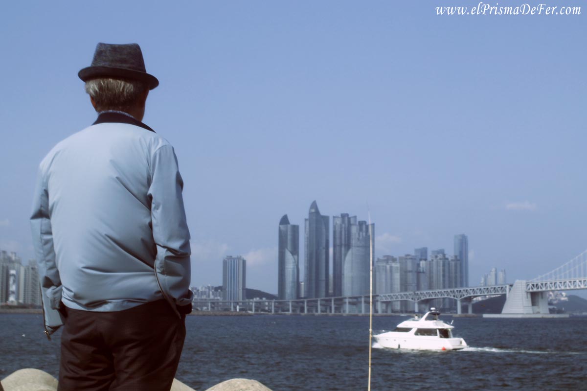 Un hombre parado observando la ciudad de Busan