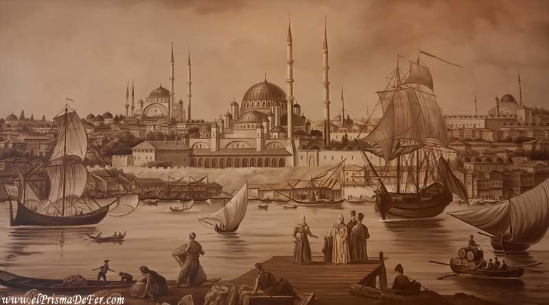 Pintura antigua del Puerto de Estambul