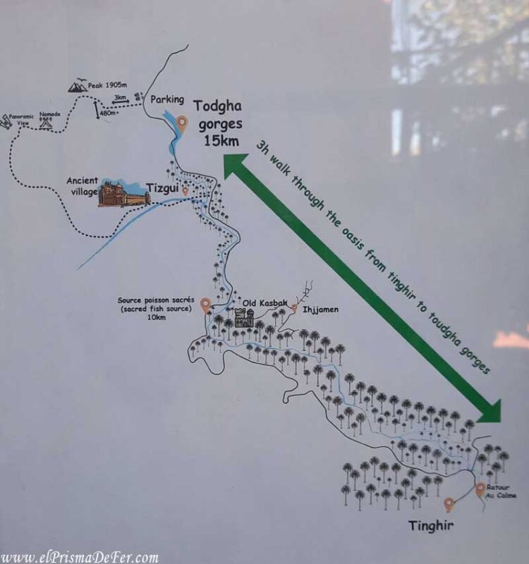 Mapa del sendero del Oasis de Palmeras hasta la Garganta del Todra en Tinghrir