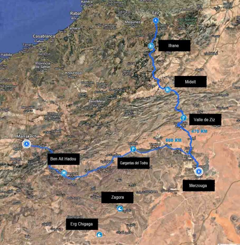 Mapa del camino al desierto de Merzouga