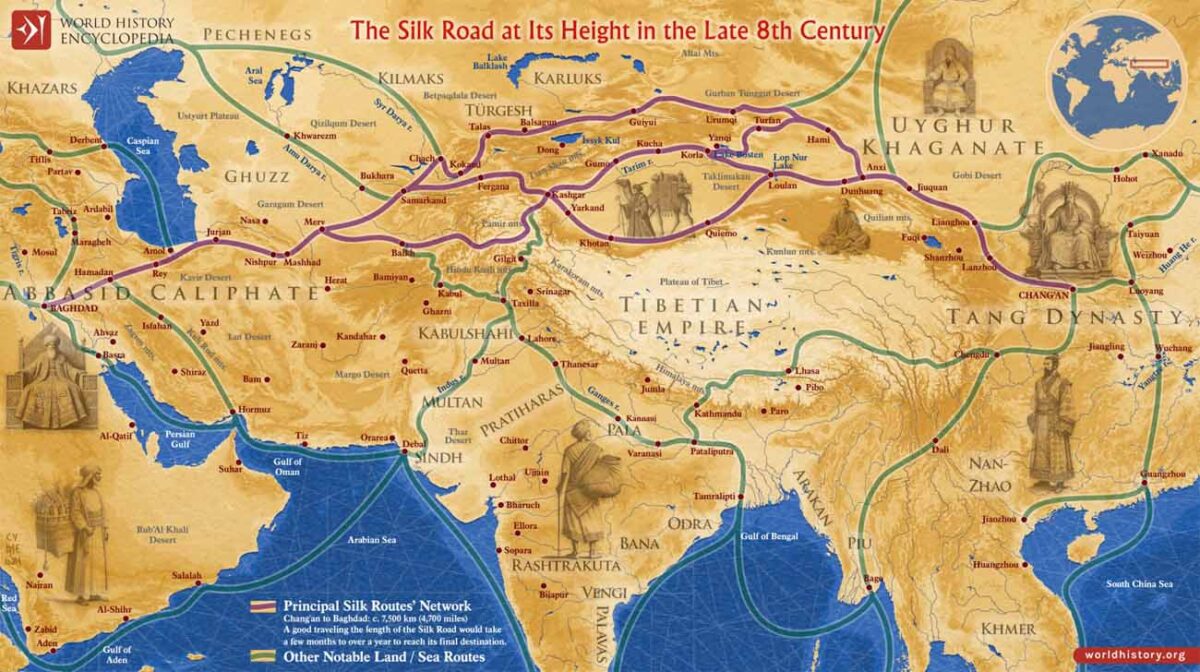 Mapa de la Ruta de la Seda en el siglo VIII. Fuente: worldhistory.org - bajo CC BY-NC-SA 4.0