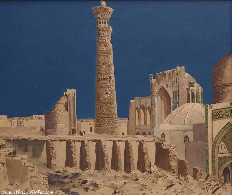 Pintura de Bujará destruida, salvo el Minarete Kaylan