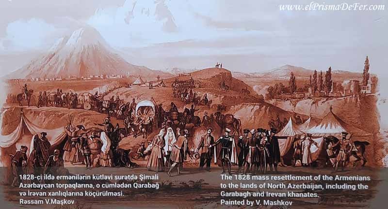 Pintura que retrata el asentamiento de armenios en el norte del territorio de Azerbaiyán, año 1828 - Museo de Baku