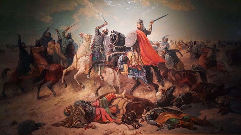 Pintura de la batalla del Principe Javanshir de Albania contra los árabes - Museo de Baku