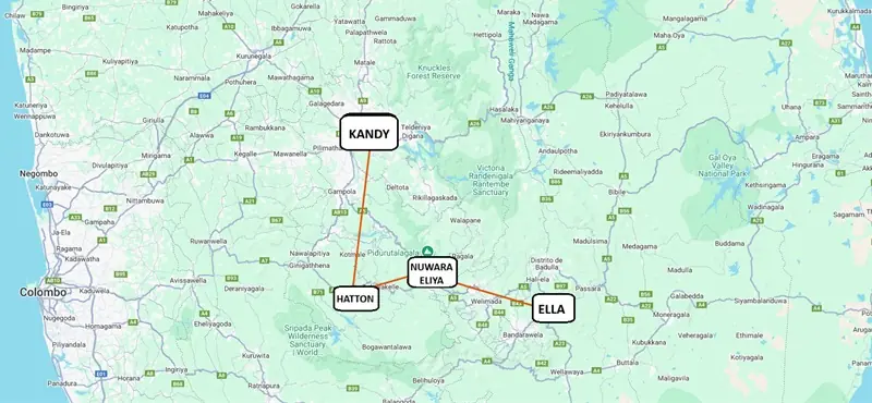 Mapa Tren Kandy a Ella