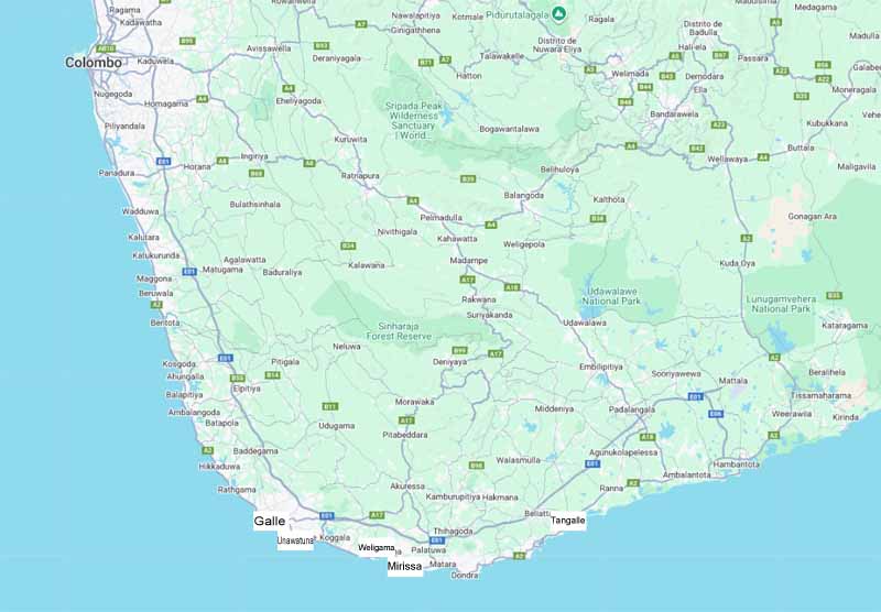 Mapa donde están ubicadas las playas del sur de Sri Lanka