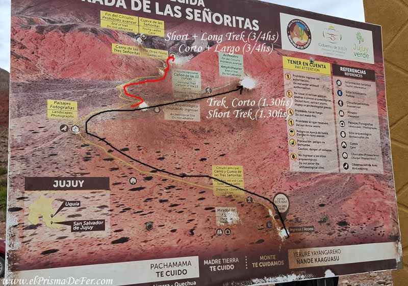 Mapa con los dos trekking a la Quebrada de las Señoritas - Jujuy
