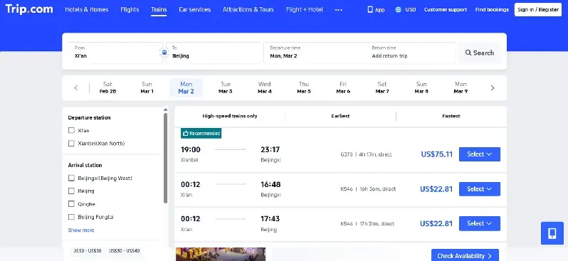 Reservar trenes en China con Trip.com